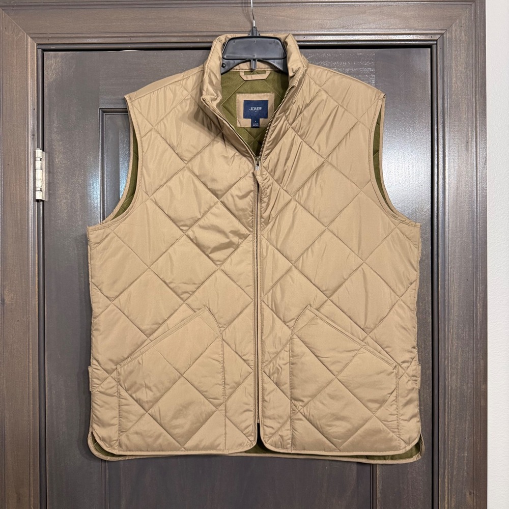J.Crew Mens Quilted Puffer Vest Tan Khaki Diamond Stitch Full Zip Size L